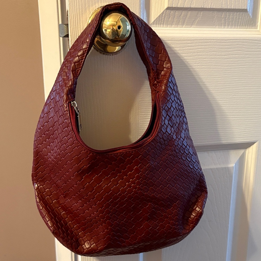 Elegant Burgundy Woven Hobo Bag